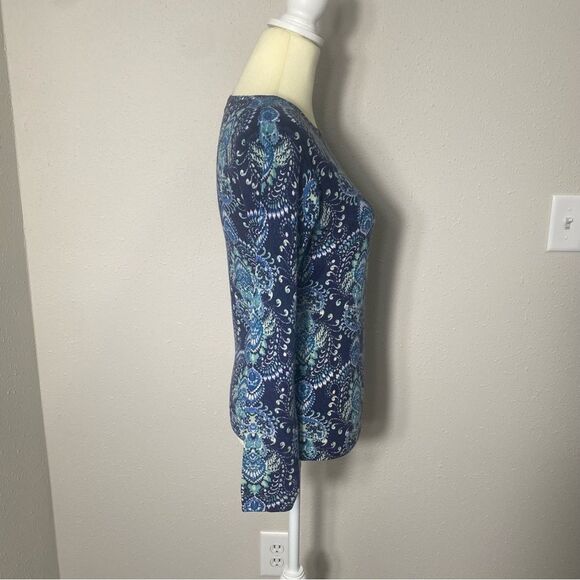 Garnet Hill 100% Merino Wool Blue Paisley Print Crewneck Sweater Women's Size S - Picture 14 of 15